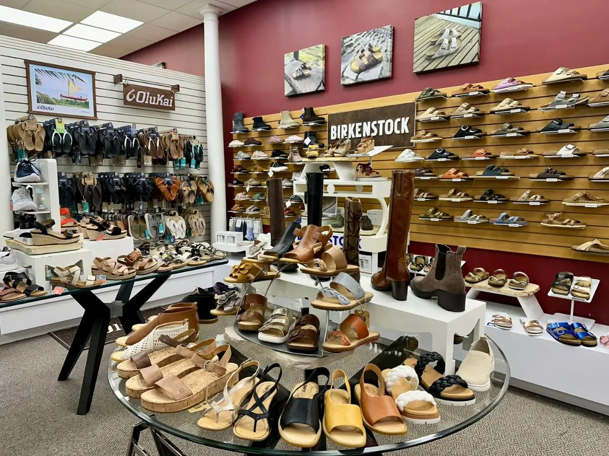 Variety of sandals and boots in store.