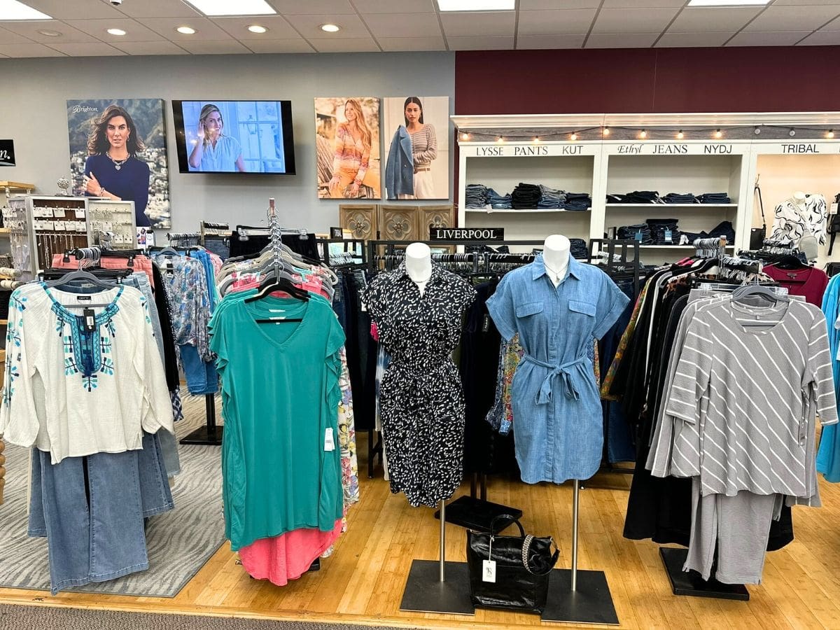 Women's clothing displayed in a retail store.