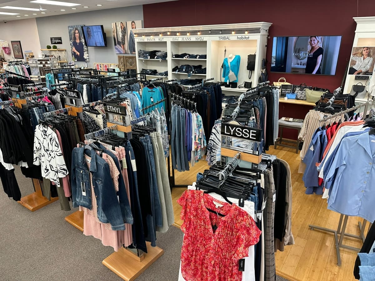 Clothing racks with various women's apparel.